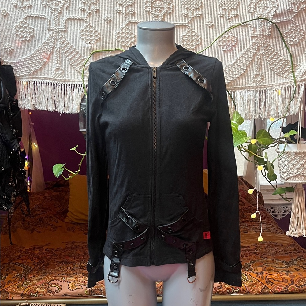 Vintage y2k Tripp NYC goth grunge faux leather grommet zip up hoodie sweatshirt